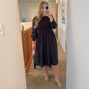 Navy Smocked Midi Dress with Embroidered Sleeves